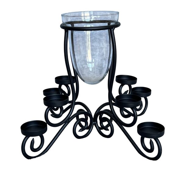 Wrought lron Holiday Centerpiece Fireplace Stand 1 Center Glass 8 Candle Slots - Picture 5 of 10